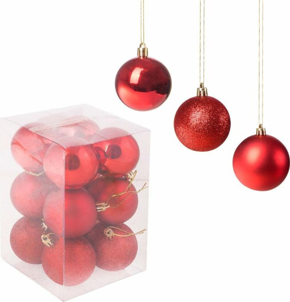 A box of red Christmas ornaments and three hanging red Christmas ornaments.