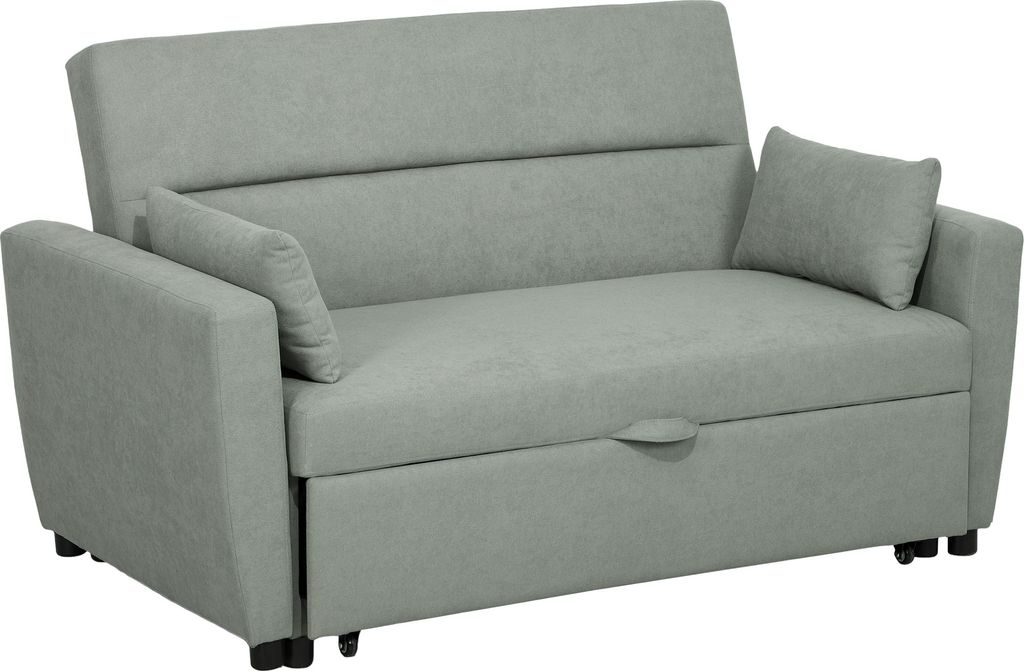 HOMCOM Schlafsofa, 2-Sitzer Sofa mit Schlaffunktion, Verstellbare Rückenlehne, Couch mit Kissen, Samtoptik, Schlafcouch mit Bettkasten, Hellgrau