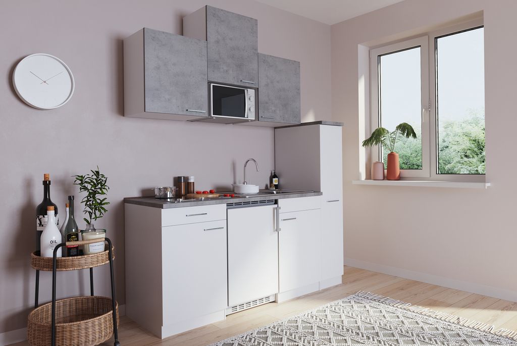 Küche Miniküche Singleküche Küchenzeile Weiß Beton Luis 180 cm Respekta