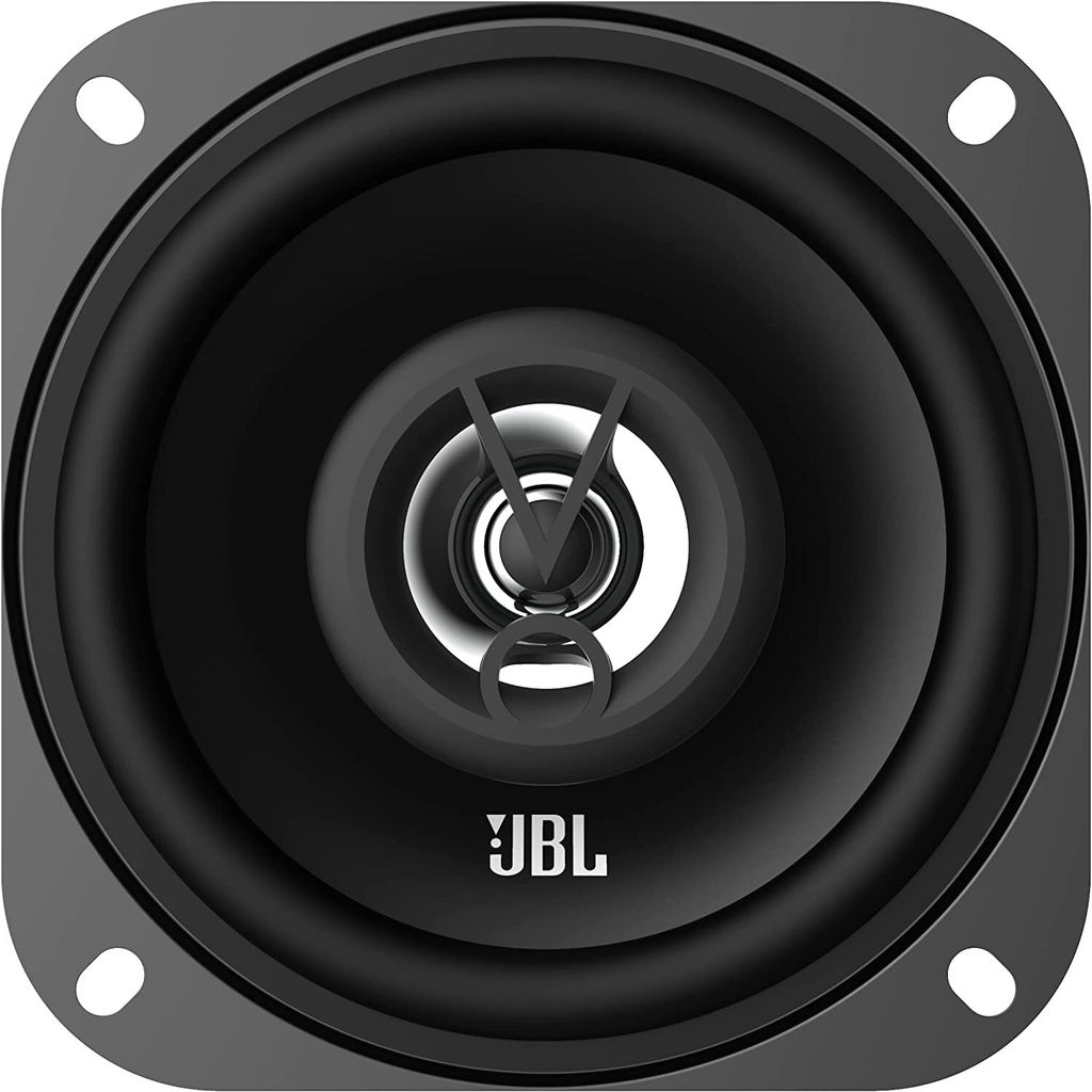 A close-up, front-facing view of a black JBL speaker.