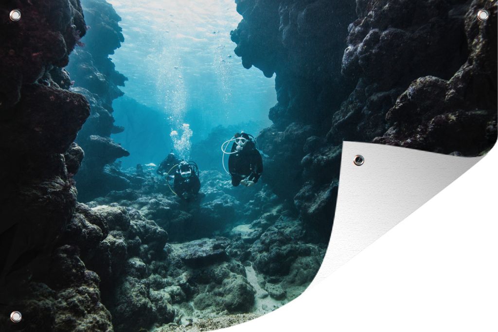 MuchoWow 90x60 cm Outdoor-Poster Gartendeko Sichtschutz Garten Poster für den Garten Zwei Taucher schwimmen zwischen zwei steilen Felswänden