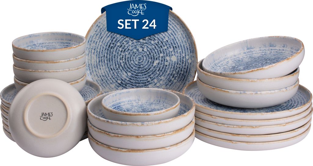 James Cooke Azure Vintage, Geschirrset, 24 teilig für 6 Personen, blau/weiß Steinzeug