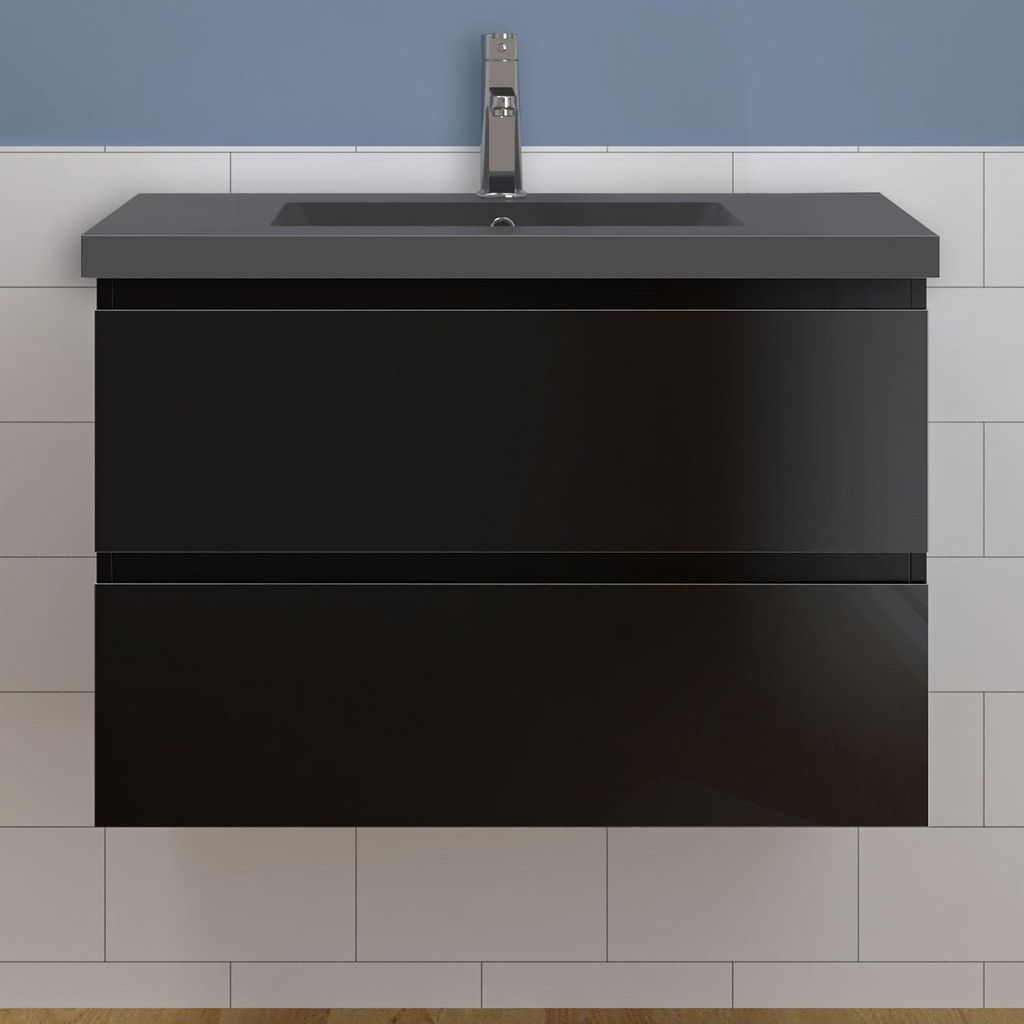 Waschtisch mit Unterschrank 80cm Alast Badmöbel Set Hochglanz Schwarz Waschbecken Dunklegrau mit Unterschrank MDF Softclose