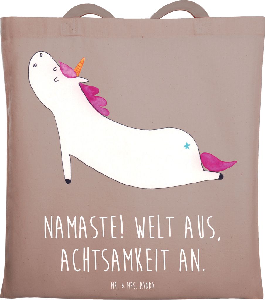Mr. & Mrs. Panda Schultasche Einhorn Yoga - Braun Pastell - Geschenk, Lustig, Namaste, Jutebeutel, Tote Bag, Tasche, Sport, Achtsamkeit, Yogamatte,...