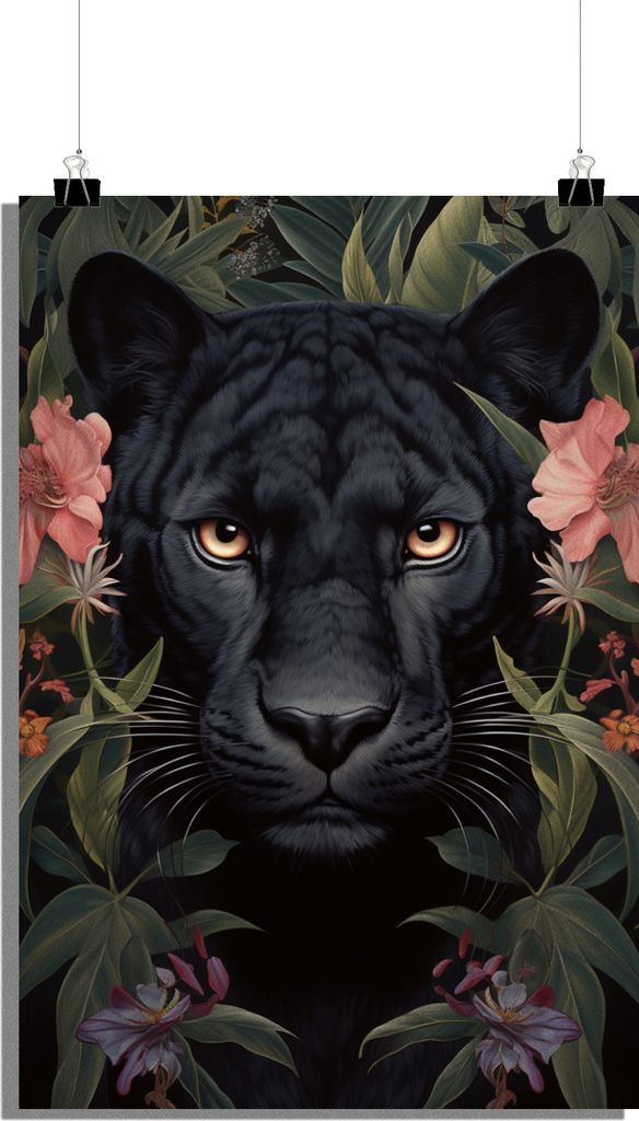 Panther Poster - Tier Poster - Schwarzes Poster - Blumen Poster - Kunstposter - Natur Poster - 51x71cm - Perfekt zum Einrahmen