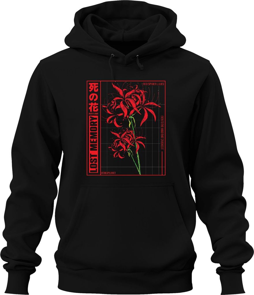 Rote Spinnenlilie LOST MEMORY japanische Blume Anime Otaku Ästhetik Uni Hoodie Kapuzenpullover, Schwarz, S
