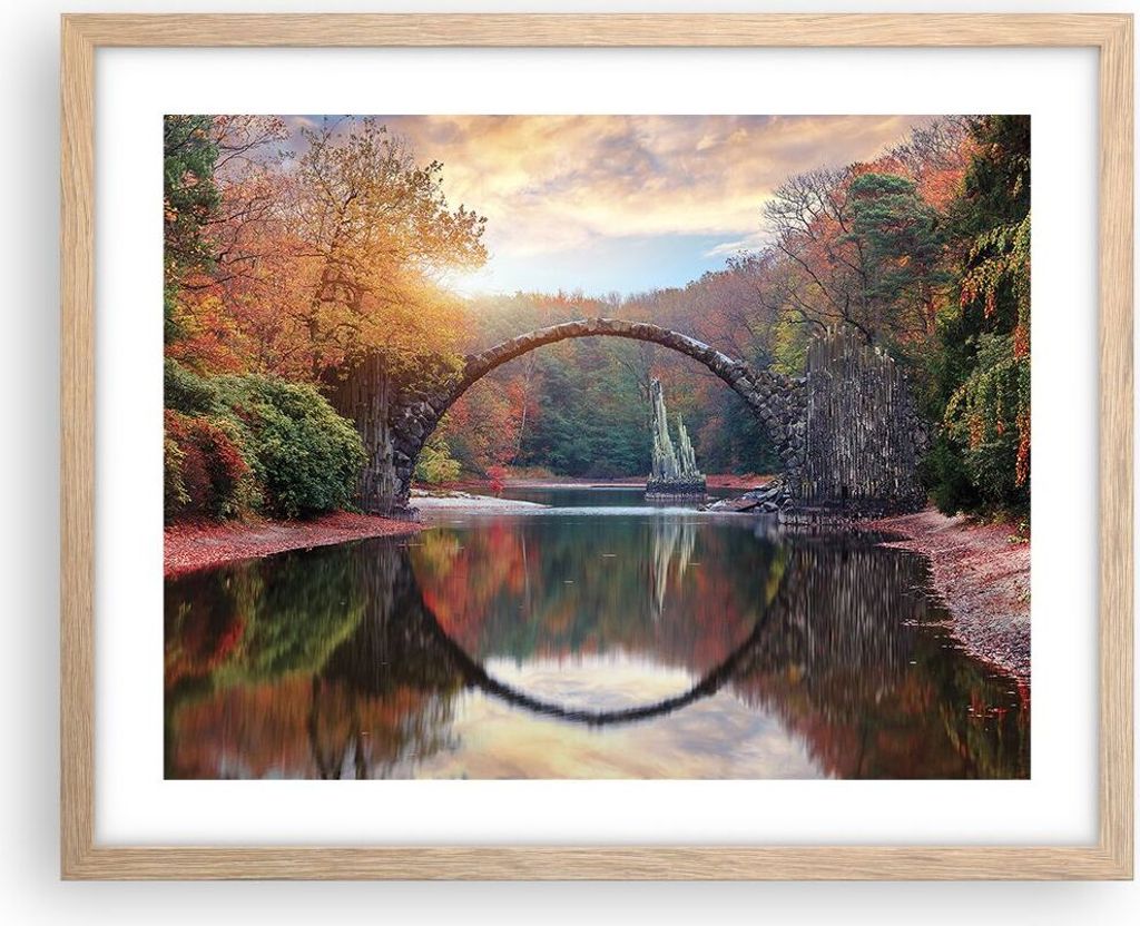 Gerahmtes Poster - Rahmen in heller Eiche - Garten Rhododendren Brücke - 50x40 cm - Wand Bild - Wanddeko - Wandbilder - Kunstposter - Wandposter -...