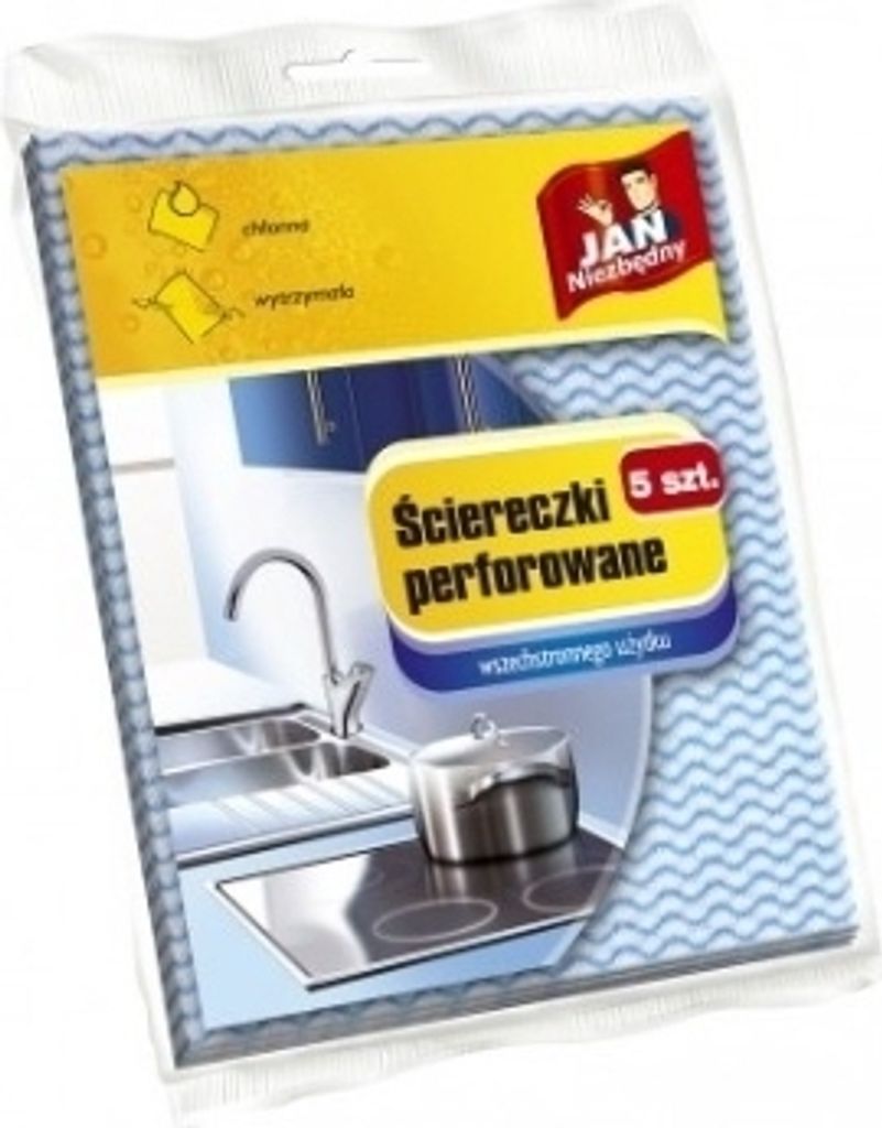 Product packaging for cleaning cloths with a kitchen scene depicted.