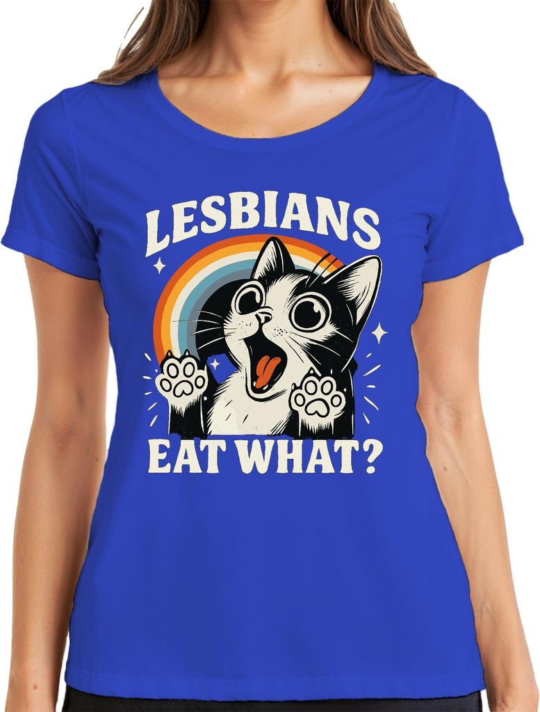 Lesben essen was Katze Regenbogen Retro lustig queer süß frech Damen T-Shirt, Blau, XXL