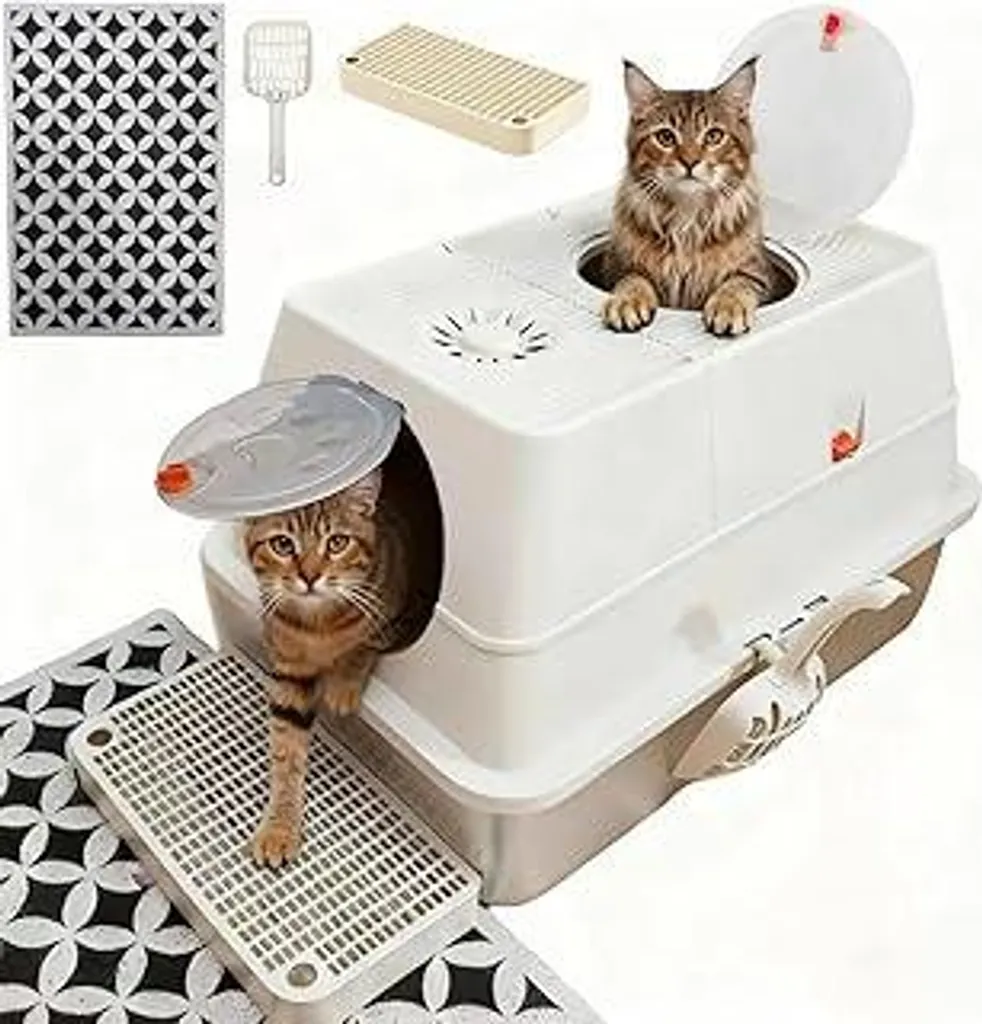 Lettiera per gatti XXL in acciaio inossidabile: lettiera chiusa di alta qualità con ingresso frontale e uscita superiore, a prova di odori - incl. paletta e tappetino antiscivolo per gatti che vivono in casa (bianco crema)