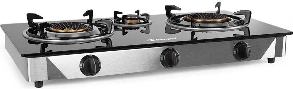 A three-burner gas stove with a glass top.