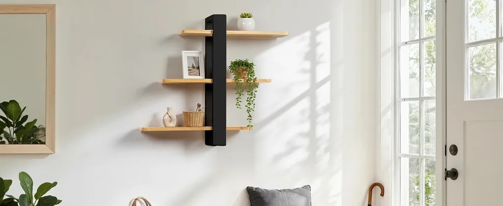 Étagère murale salon ou bureau en bois noir - Rangement 3 niveaux 58cm