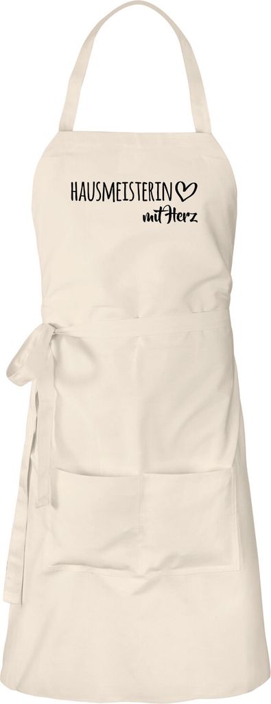 Huuraa Schürze Hausmeisterin mit Herz Natur mit Taschen Baumwolle Kochschürze Geschenkidee