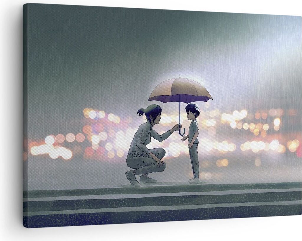 Bild auf Leinwand - Leinwandbild - Einteilig - Manga Regenschirm Hilfe - 70x50cm - Wand Bild - Wanddeko - Wandbilder - Leinwanddruck - Bilder - Wan...