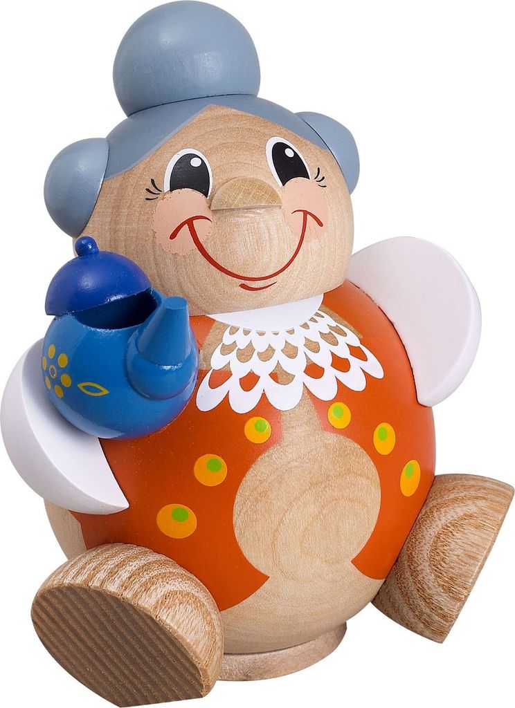 Seiffener Volkskunst Kugelräucherfigur Räuchermännchen Oma Lustig - Größe ca. 12cm, für Räucherkerzen Größe M (Standard) - 19122