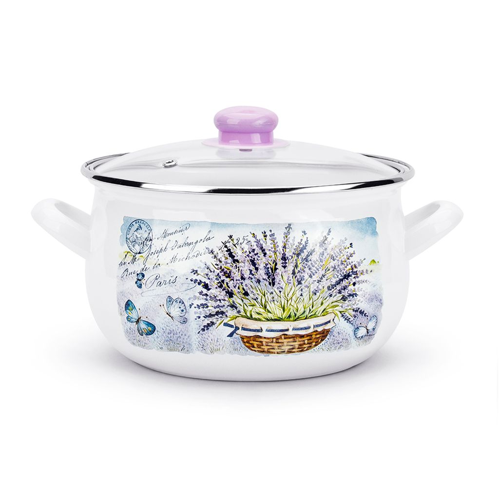 Topf Induktion Emaille mit Glasdeckel Kochtopf Suppentopf Lavendel Weiß 3,8 L