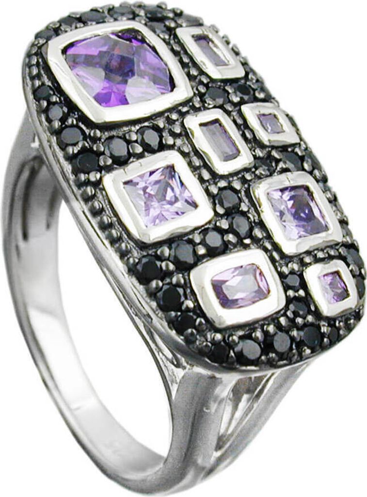 Damenring Zirkonia lila-schwarz flache Viereckform 925 Silber Innenumfang 58mm Ø18.5mm