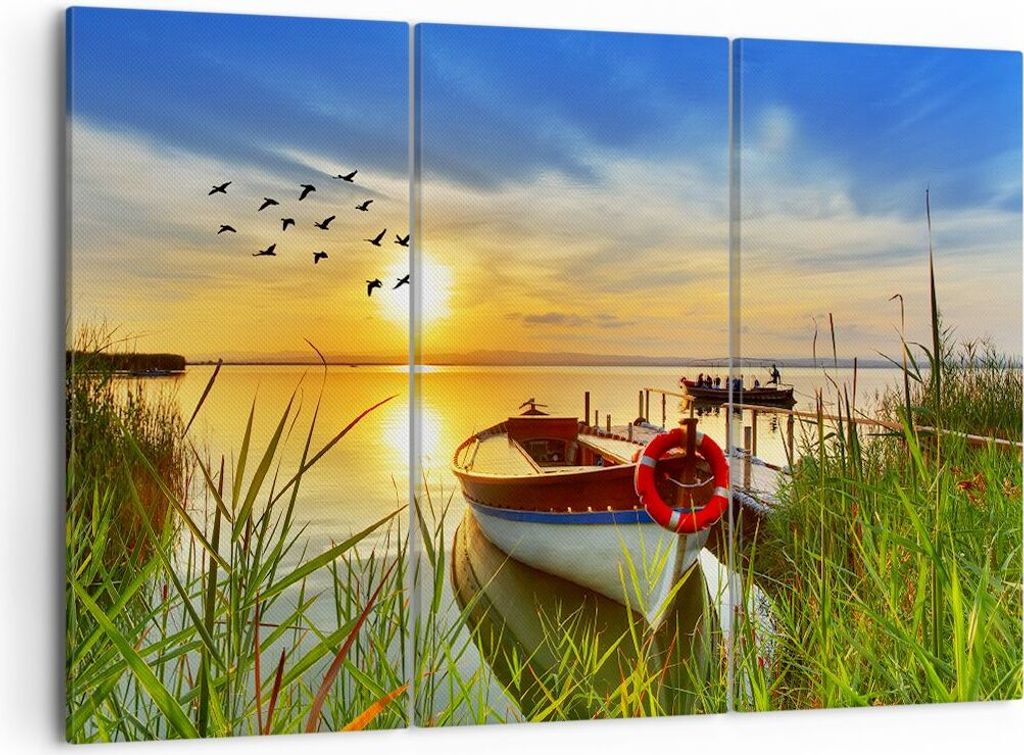 Bild auf Leinwand - Leinwandbild - Boot See Sonnenuntergang Sommer Menschen - 105x70cm - Wand Bild - Wanddeko - Leinwanddruck - Bilder - Kunstdruck...