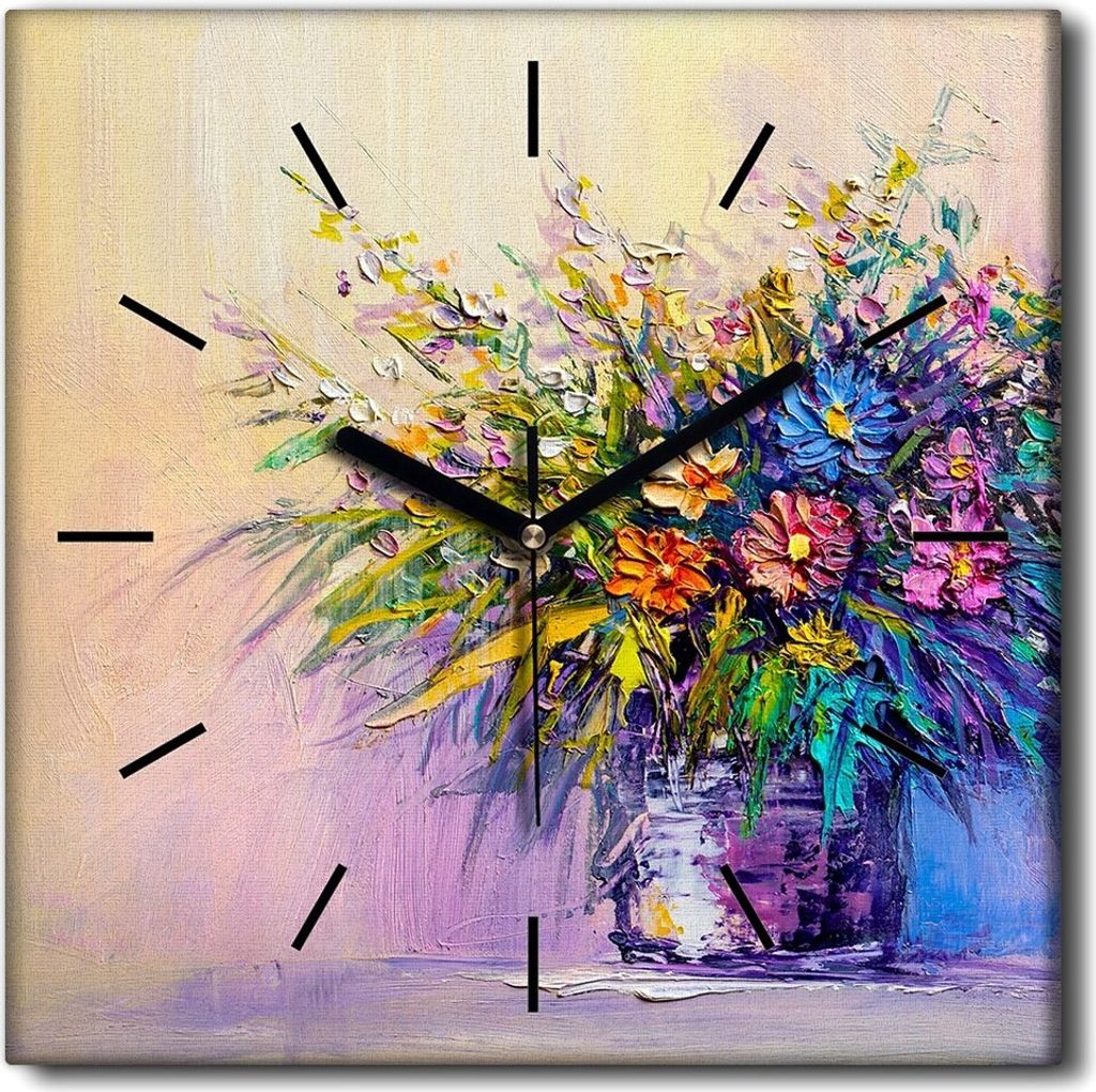 Coloray Uhr auf Leinwand 30x30 cm Wand Uhr Dekoration Wohnzimmer Segeltuch schwarze Hände -Blumenstrauß von Pflanzen