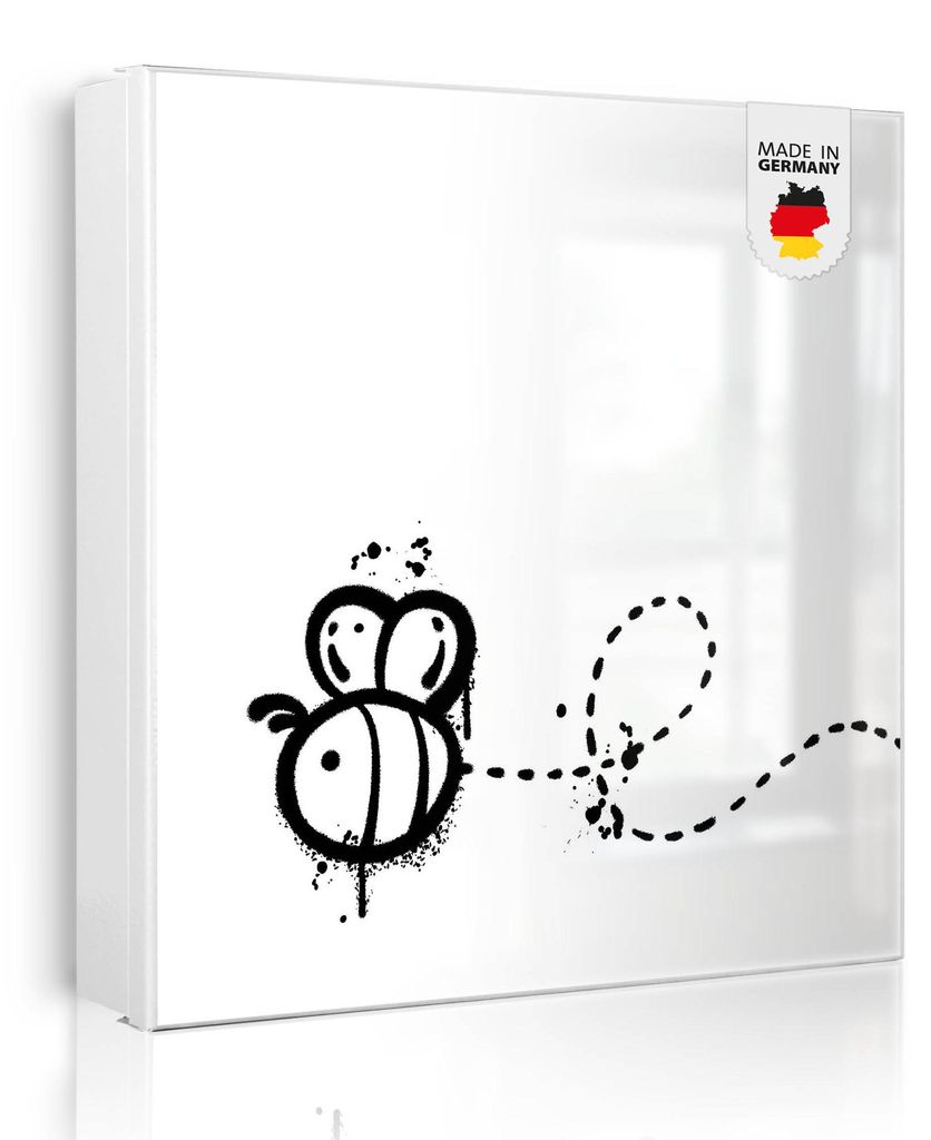 banjado Schlüsselkasten aus Metall, 30x30cm groß mit 32 Haken, als Magnettafel nutzbar, Korpus schwarz, Anschlag rechts, Fliegende Biene Graffiti...