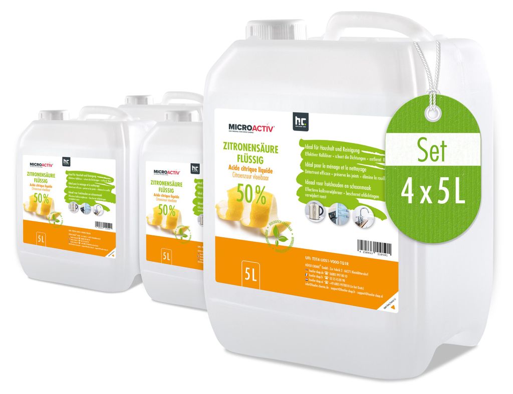Four large plastic containers of liquid cleaning product, with one container in the foreground and three behind it.