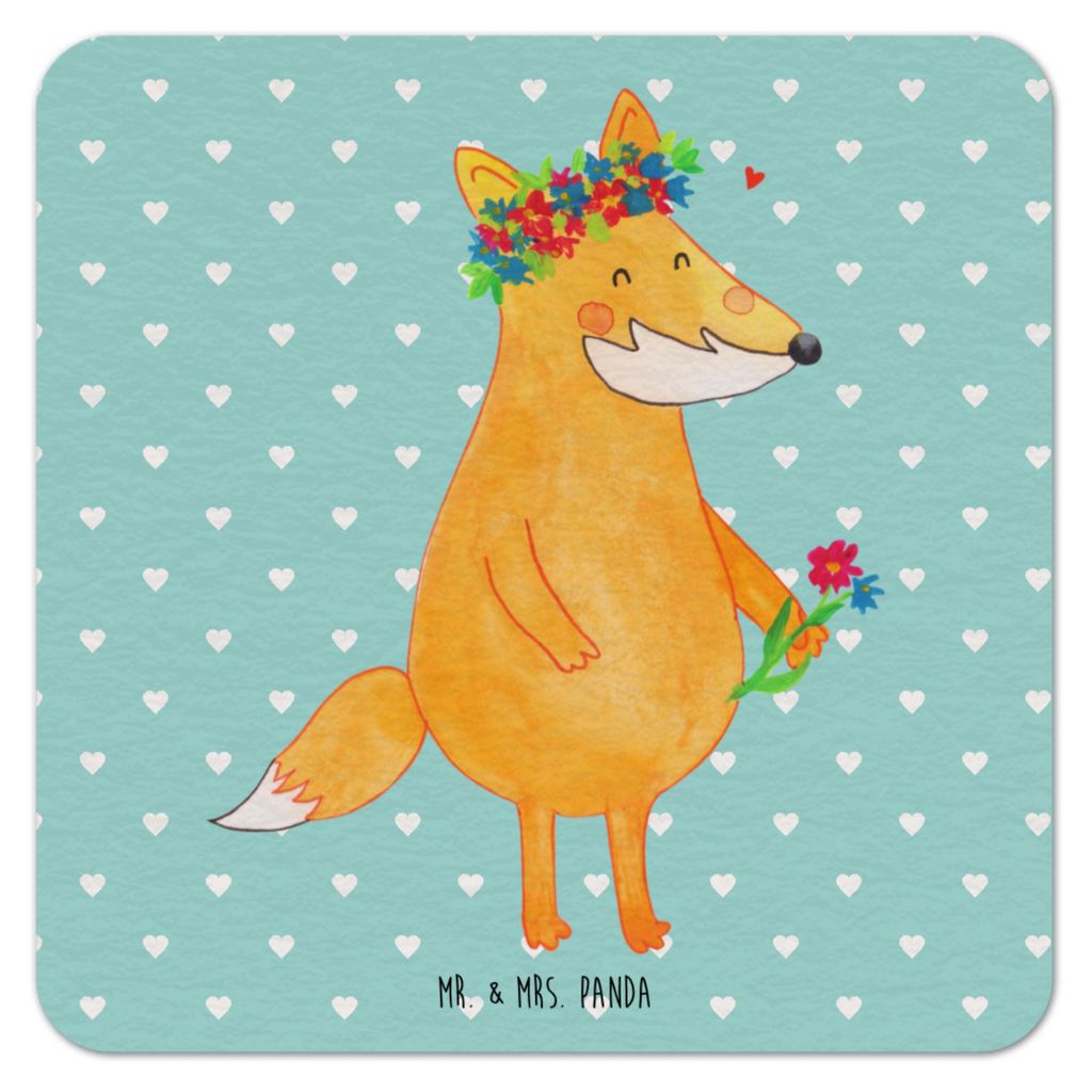 Mr. & Mrs. Panda Tischuntersetzer Fuchs Blumen 25er Set - Türkis Pastell - Geschenk, Liebe, Bierfilzl, Bierdeckel, Freundin, Pappuntersetzer, Boho...