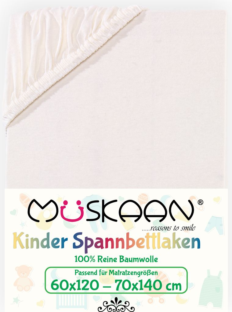 A close-up of a cream-colored fitted sheet with a gathered elastic edge, placed on a white background. Below the sheet is a graphic with brand information and product details.