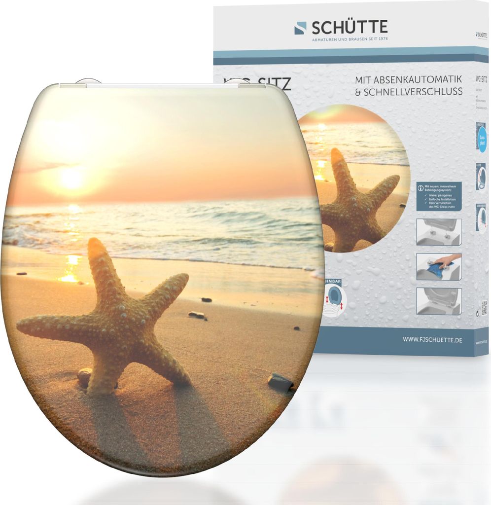 A toilet seat with a beach and starfish design, shown next to its packaging.