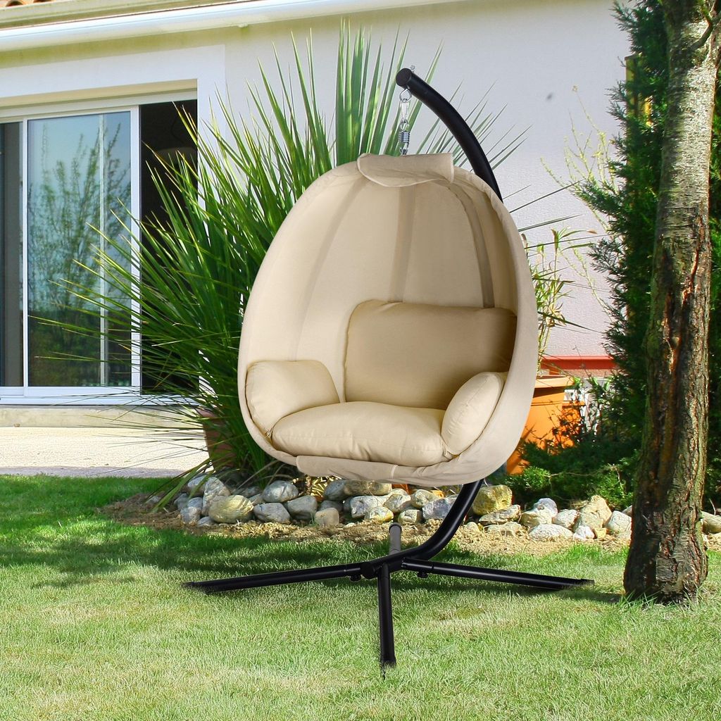 Hängesessel mit Gestell klappbar, Hängekorb eiförmig, Schaukelstuhl Outdoor, Khaki | 125x95x170 cm | bis 120 kg | Stahlrahmen faltbar
