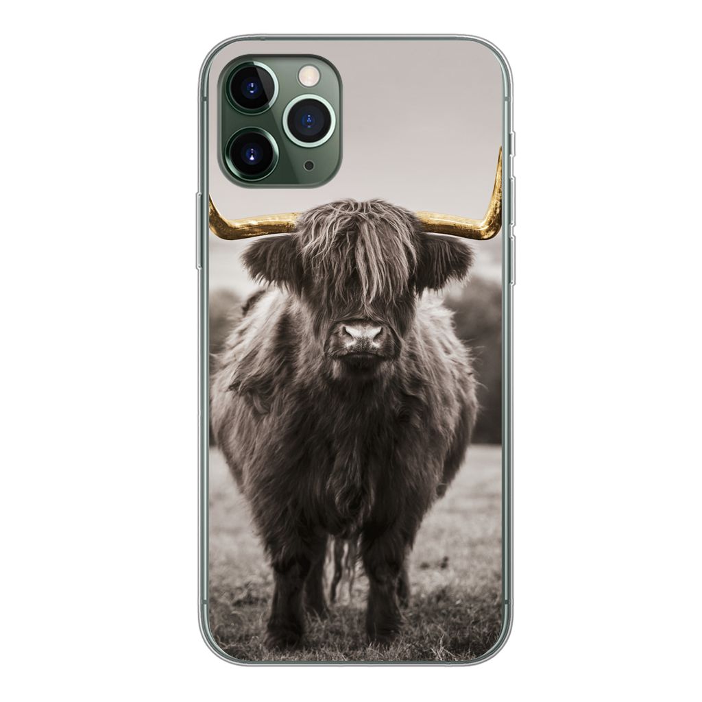 MuchoWow Handyhülle Schutzhülle Hülle für iPhone 11 Pro Schottischer Highlander - Gold - Hörner Silikon Softcase Handy Hülle - Handy