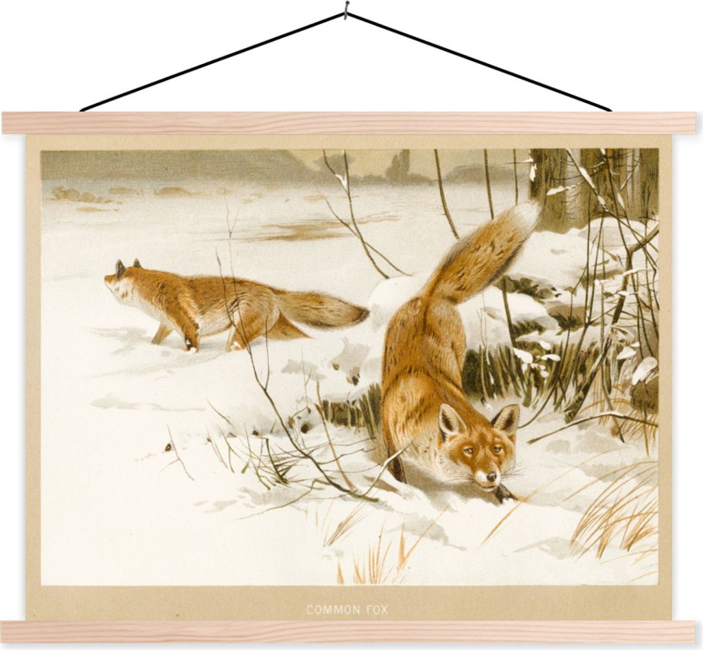 MuchoWow Textilposter Fuchs - Vintage - Schnee - Zeichnung 60x45 cm mit holzfarbenen Rahmen - Bild