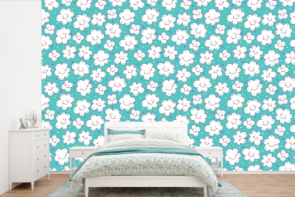 MuchoWow Fototapete für Wohnzimmer oder Schlafzimmer Wandtapete Vinyl Motivtapete Muster - Wolke - Himmel - Jungen - Kinder - 390x260 cm - Papie...