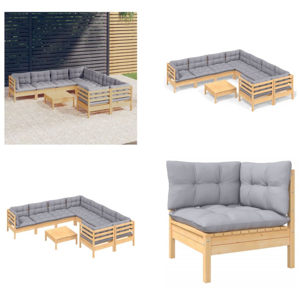 vidaXL 9 tlg. Garten Lounge Set mit Grauen Kissen Kiefernholz - Garten-Lounge-Set - Garten-Lounge-Sets - Gartenmöbel-Set - Gartenmöbel-Sets