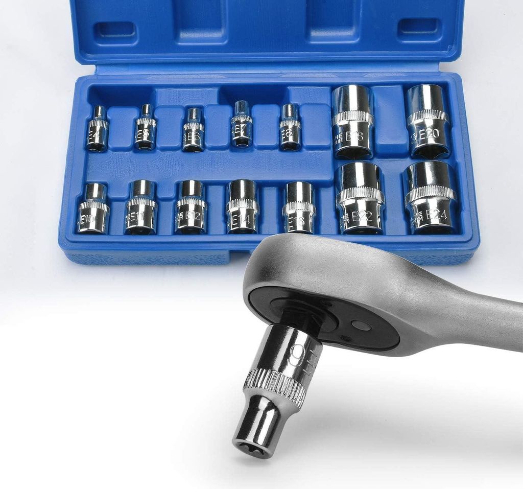 Torx Steckschlüsselsatz - 14-teiliges Set - E-Profil Steckschlüsselset - Externe Torx - E14 E24 - 1/4 Zoll - 1/2 Zoll - 3/8 Zoll - Steckdosen-Ein...