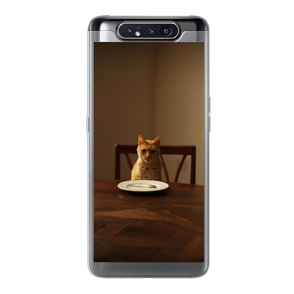 MuchoWow Handyhülle Schutzhülle Hülle für Samsung Galaxy A80 Katze - Esstisch - Teller Silikon Softcase Handy Hülle - Schutzdeckel