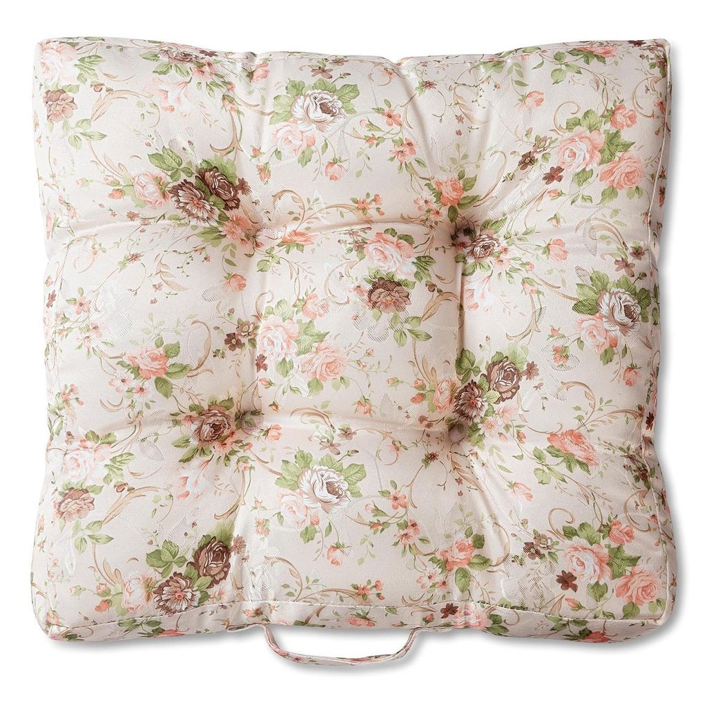 WOMETO Sitzkissen Stuhlkissen Sitzpolster Rosi 40x40x8 cm - Rosen creme weiß rosa Sitzauflage Auflage für Haus und Garten Polster Landhaus