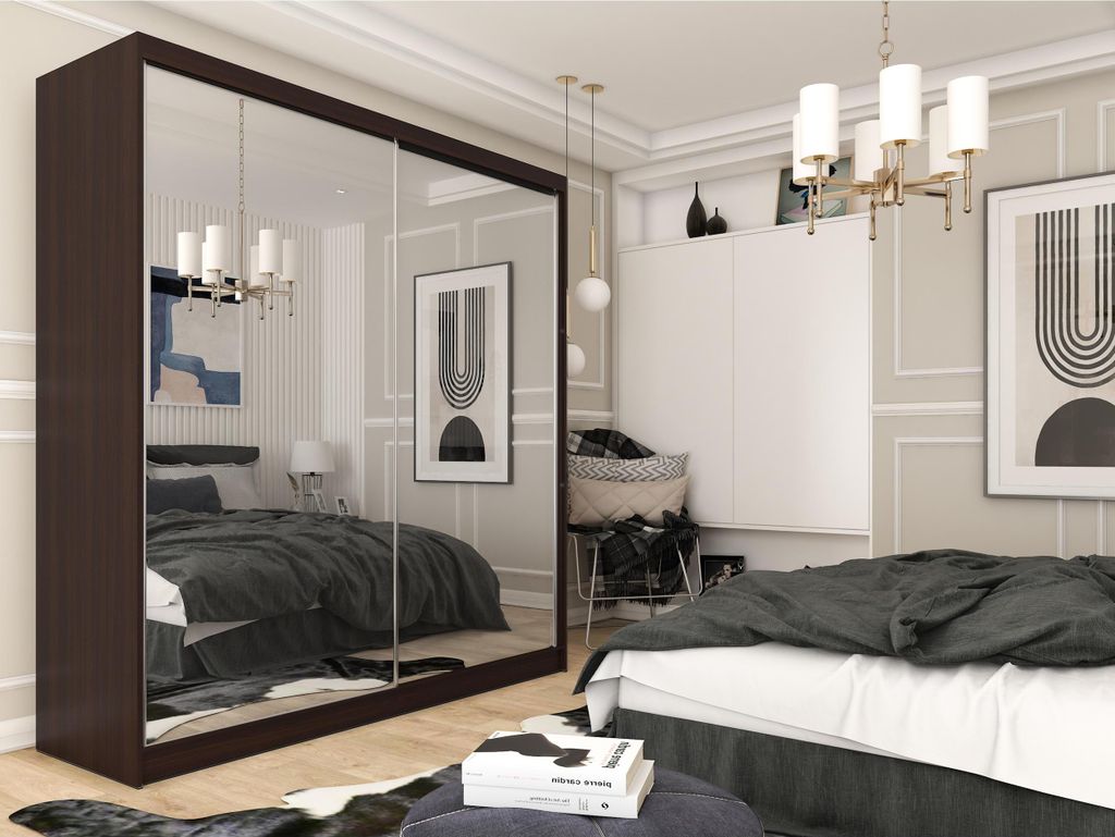 Schiebetürenschrank 200 cm Mirage zweitürig brauner Kleiderschrank mit Spiegeln Garderobe mit Spiegel und Regalen Spiegelschiebetürenschrank mit...