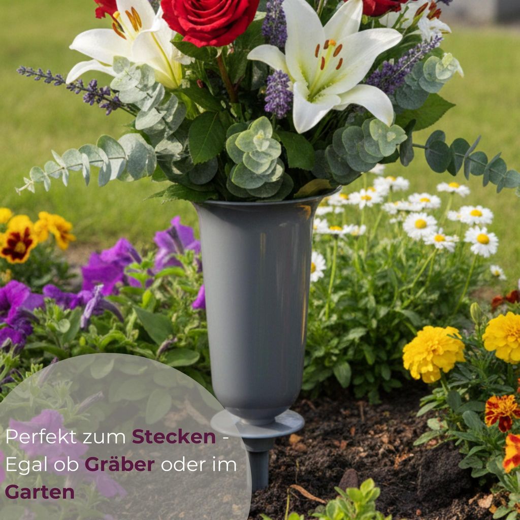 Grabvasen mit Erdspieß und Sockel 2er Set (31, 32 cm) grau