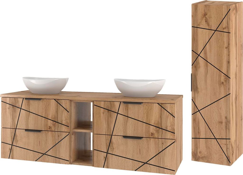 Doppelwaschtisch und Hängesäule 140.6cm Teren mit 4 Schubladen, Holzoptik