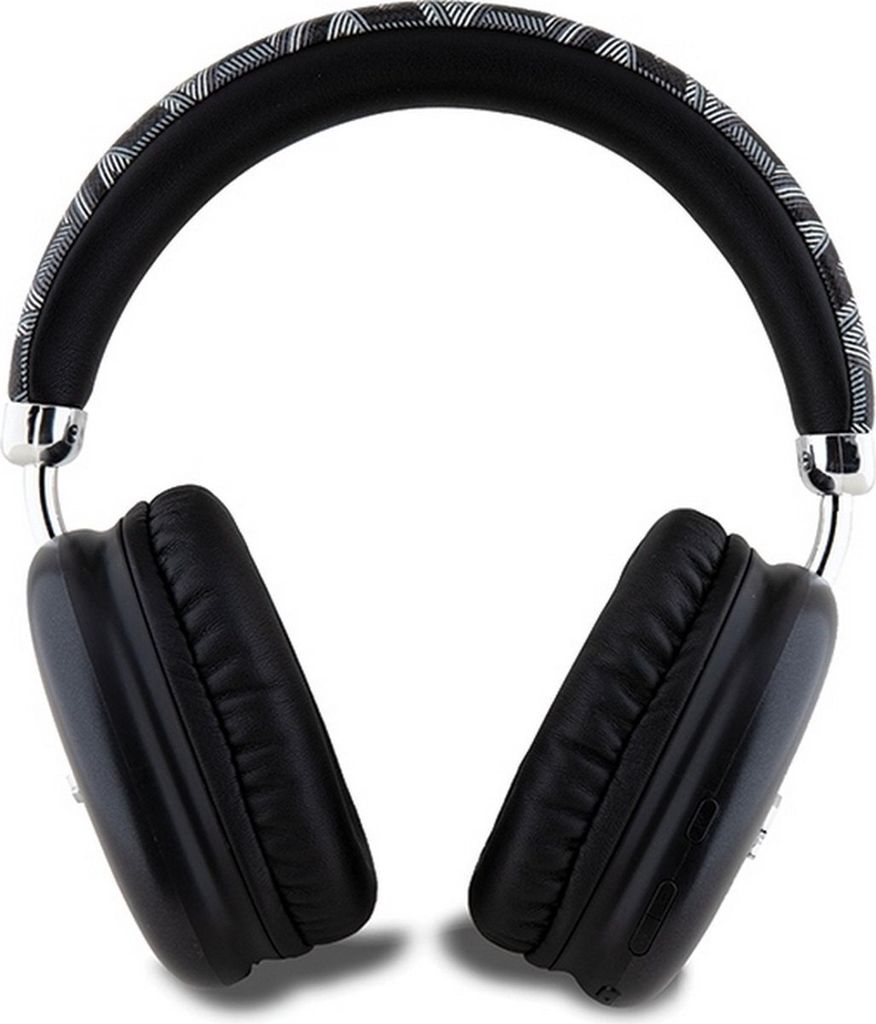 A pair of black wireless headphones with a patterned headband.
