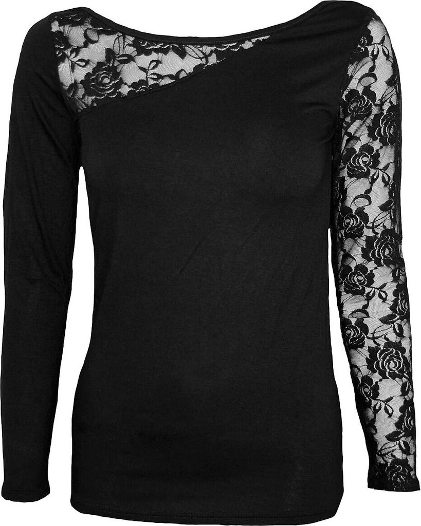 Spiral Direct - Oberteil Spitzenschulter für Damen Langärmlig HE2326 (S) (Schwarz)