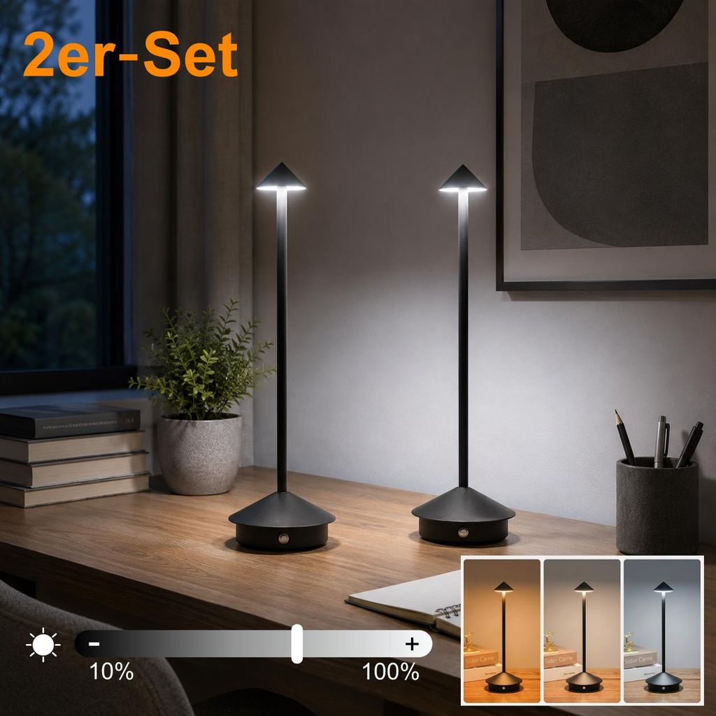 2er-Set, Moderne LED-Tischlampe kabellos schwarz, Pilzform Produktbild 