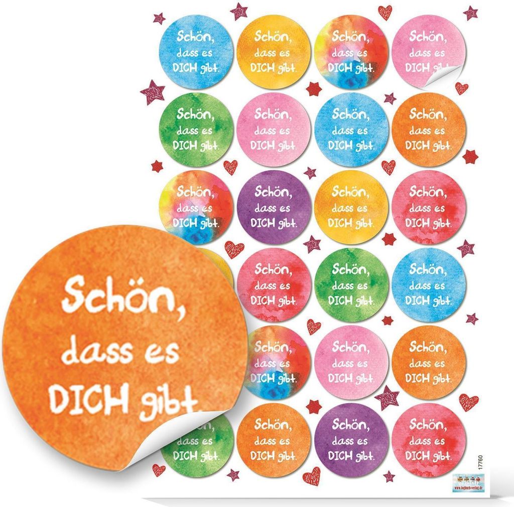 Logbuch-Verlag 24 bunte runde Aufkleber SCHÖN DASS ES DICH GIBT 4 cm Sticker Etiketten Verpackung Geburtstag Freunde Familie Kinder Geschenk Mutte...