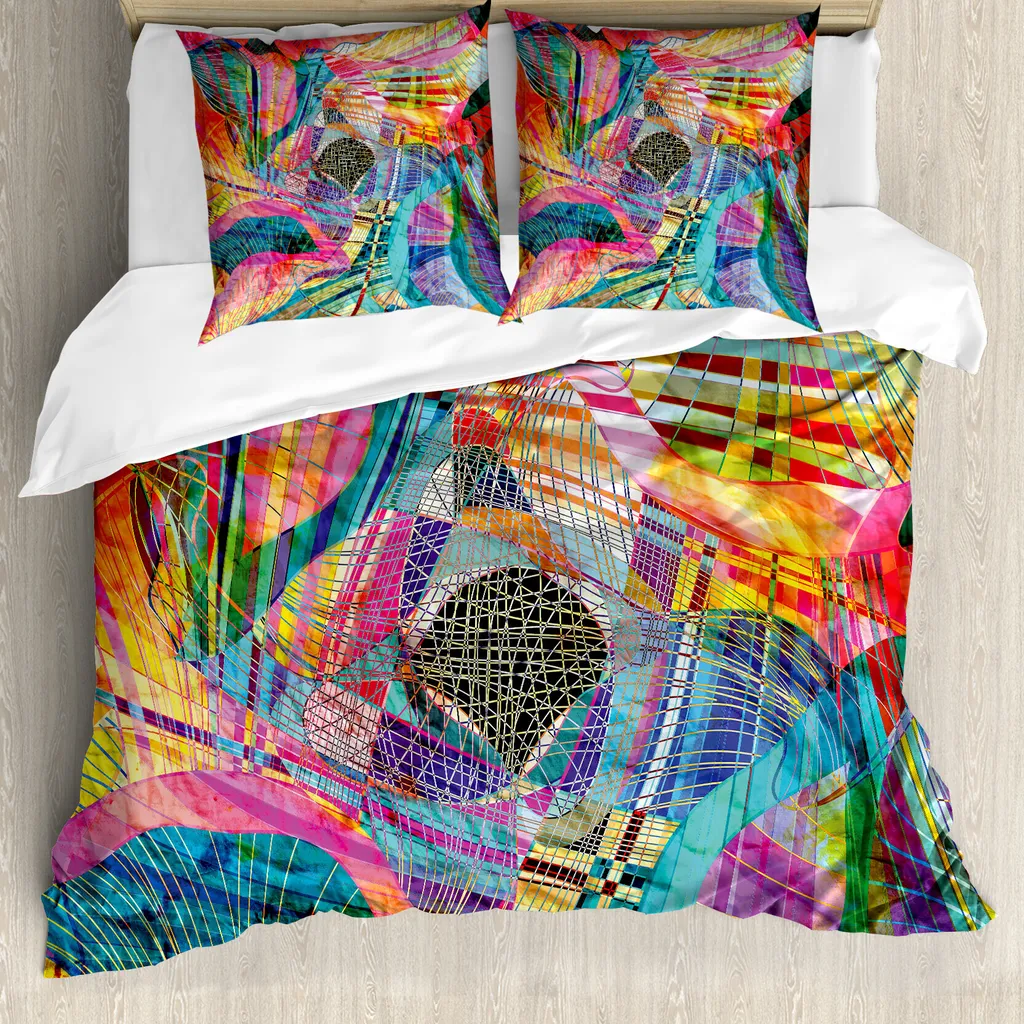 ABAKUHAUS Copripiumino astratto, grafica retrò, antiacaro, adatto a chi soffre di allergie, con federe, 155 cm x 220 cm - 80 x 80 cm, multicolore - 1
