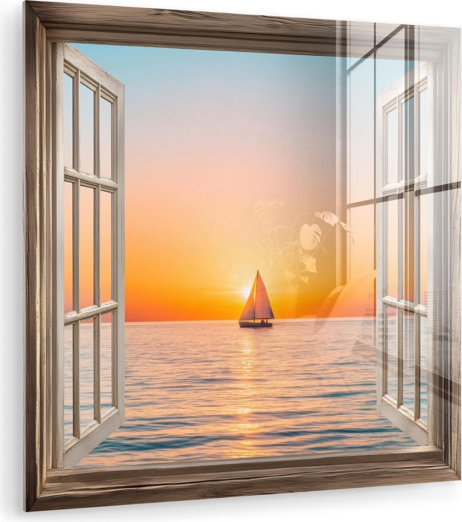 MuchoWow Glasbilder - Bilder auf Wandbild - Foto auf Glas Transparenter Blick - Meer - Boot - Sonnenuntergang 30x30 cm Wanddekoration aus Glas - Ac...