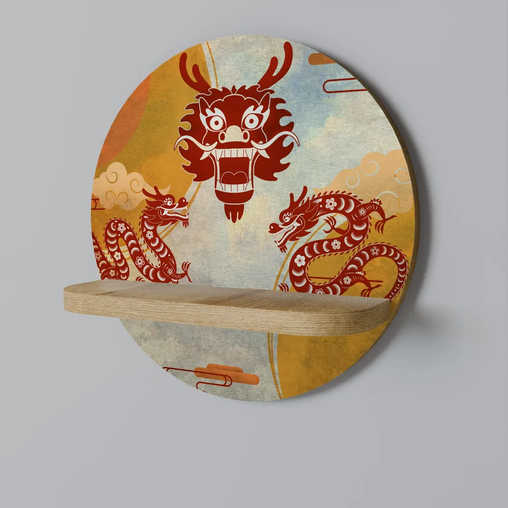 Étagère murale circulaire DRAGON MYSTIQUE en bois et métal suspendue