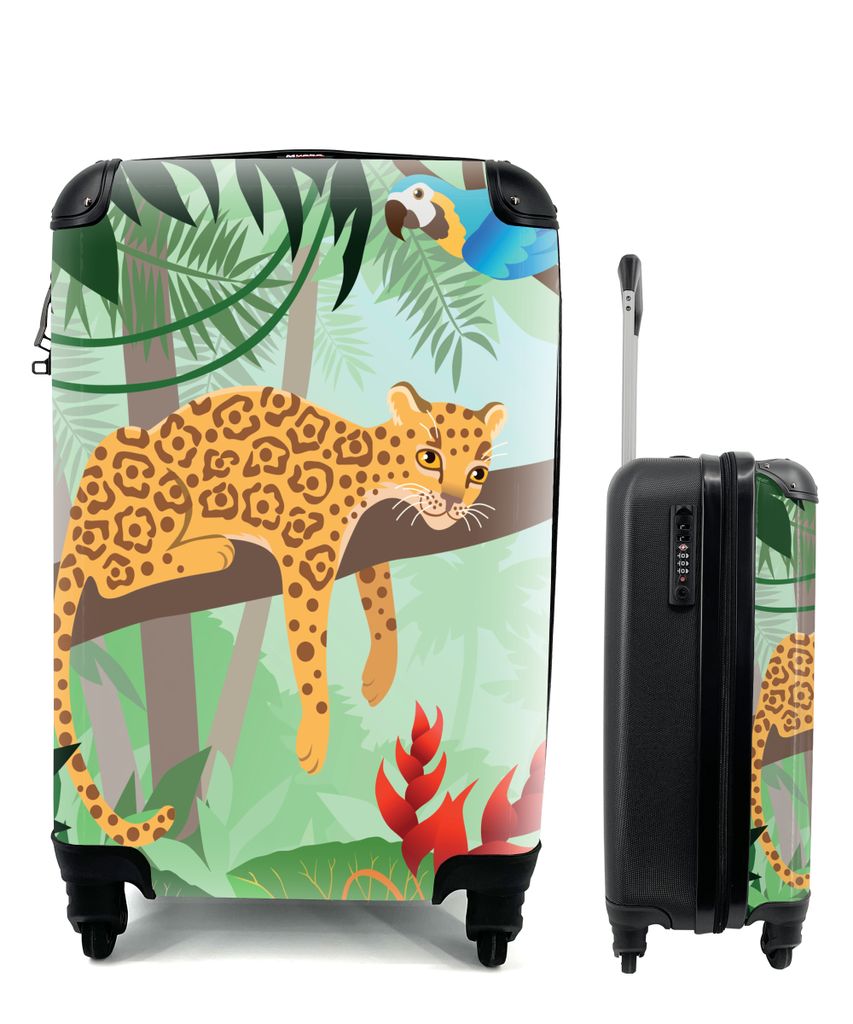 MuchoWow Koffer Handgepäck Trolley Rollkoffer Kleine Reisekoffer mit 4 Rollen - Dschungeltiere - Tukan - Jungen - Mädchen - Leopard - Cabin Siz...