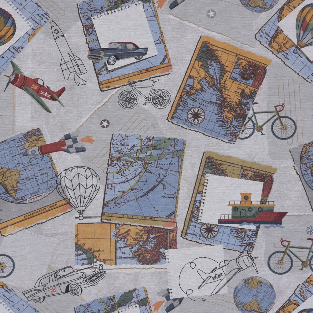 Dekostoff Weltreise Vintage Auto Ballon grau weiß bunt 1,40m Breite