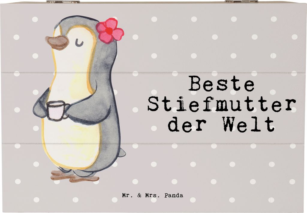 Mr. & Mrs. Panda Erinnerungsbox Pinguin Beste Stiefmutter der Welt 22 x 15 cm - Grau Pastell - Geschenk, Schatzkiste, Aufbewahrungsbox Holz, Gesche...