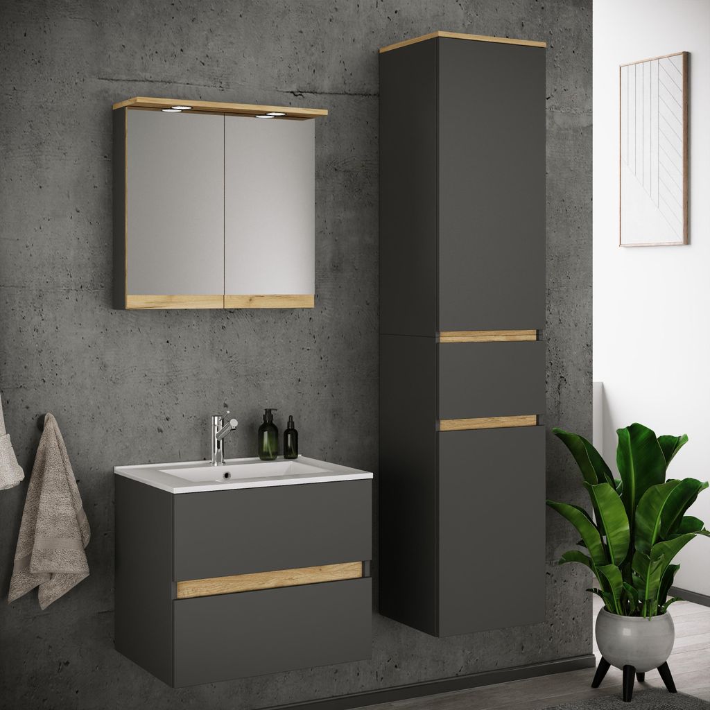 VCM 4-tlg. Waschtisch Set mit Keramikbecken, Badschrank mit 2 Softclose-Schubladen, Hochschrank, Spiegelschrank mit Beleuchtung und Steckdose, Maß...